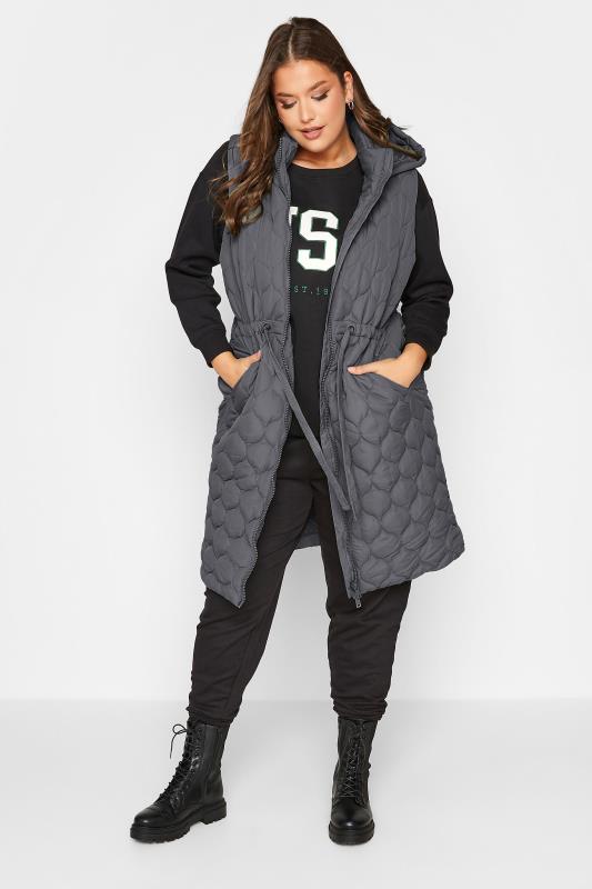 Plus Size  YOURS Curve Grey Quilted Midi Hooded Gilet