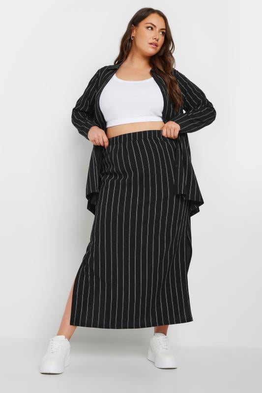 YOURS Plus Size Black Textured Pinstripe Maxi Skirt Yours Clothing