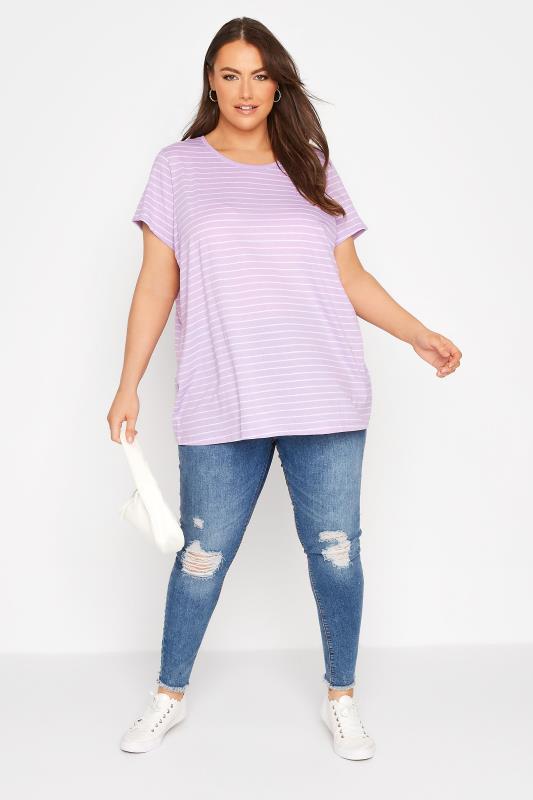 Plus Size Lilac Purple Stripe Short Sleeve T-Shirt | Yours Clothing 2