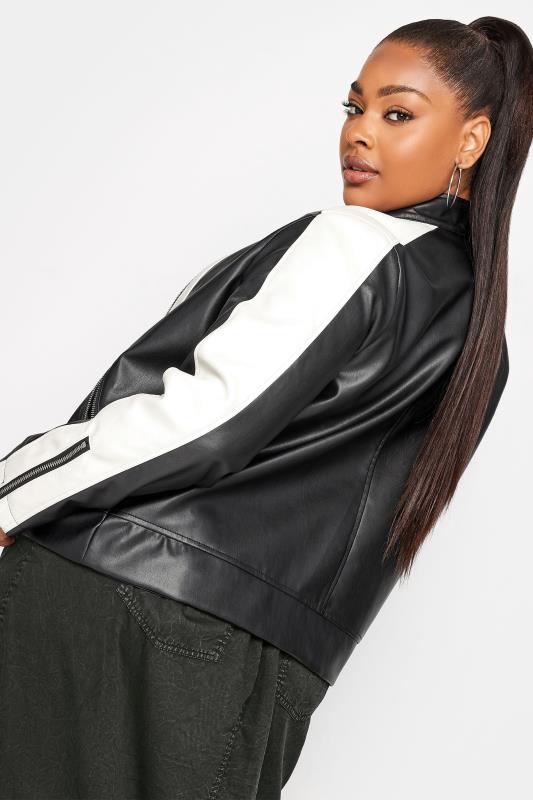 YOURS Plus Size Black Faux Leather Contrast Stripe Biker Jacket | Yours Clothing 3