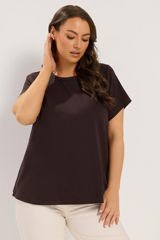  YOURS Curve chocoladebruin T-shirt van interlock-katoen