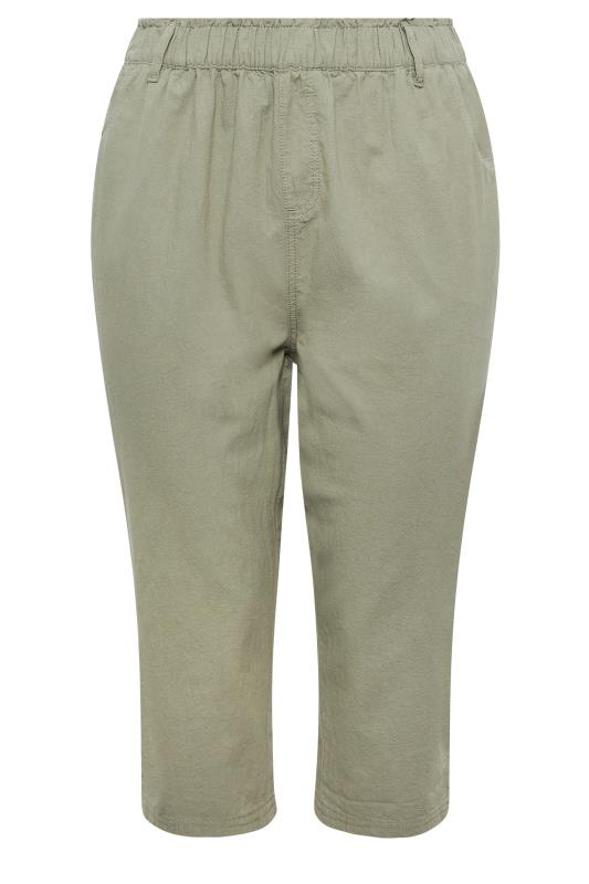 YOURS Curve Plus Size Khaki Green Cotton Cropped Trousers | Yours Clothing  4