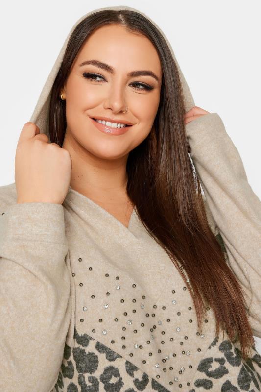YOURS Plus Size Beige Brown Leopard Print Stud Hoodie | Yours Clothing 4