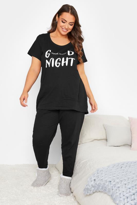 Plus Size Black 'Goodnight' Slogan Pyjama Set | Yours Clothing 2