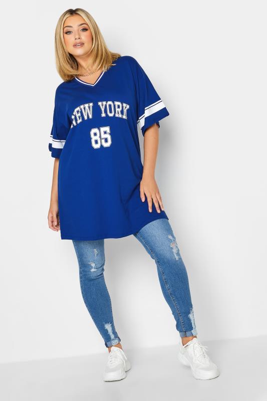 YOURS Curve Blue 'New York' Slogan Varsity Tunic Top | Yours Clothing 2