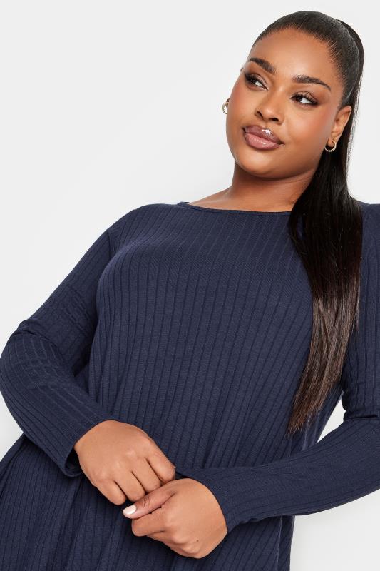 YOURS Plus Size Navy Blue Long Sleeve Ribbed Swing Top | Yours Clothing 4