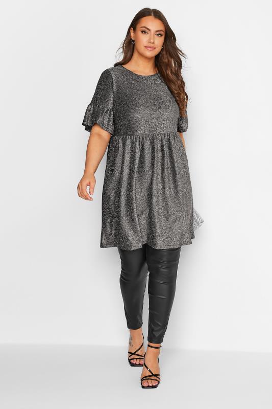 Plus Size Grey Glitter Frill Sleeve Smock Dress | Yours Clothing 2
