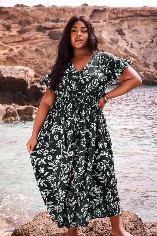 YOURS Plus Size Black Dotted Leaf Print Linen Maxi Dress | Yours Clothing 1
