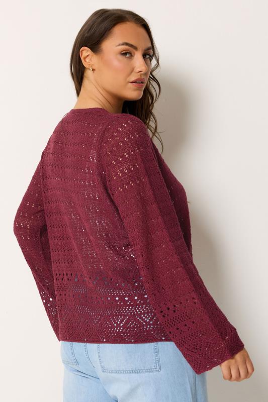 YOURS Plus Size Burgundy Red Pointelle Knitted Tie Cardigan | Yours Clothing 2