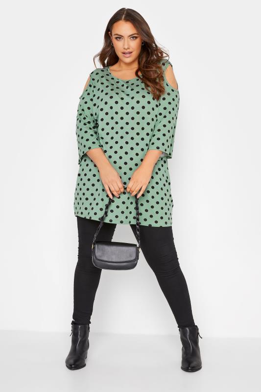 Plus Size Green Spot Print Cold Shoulder Top | Yours Clothing 2