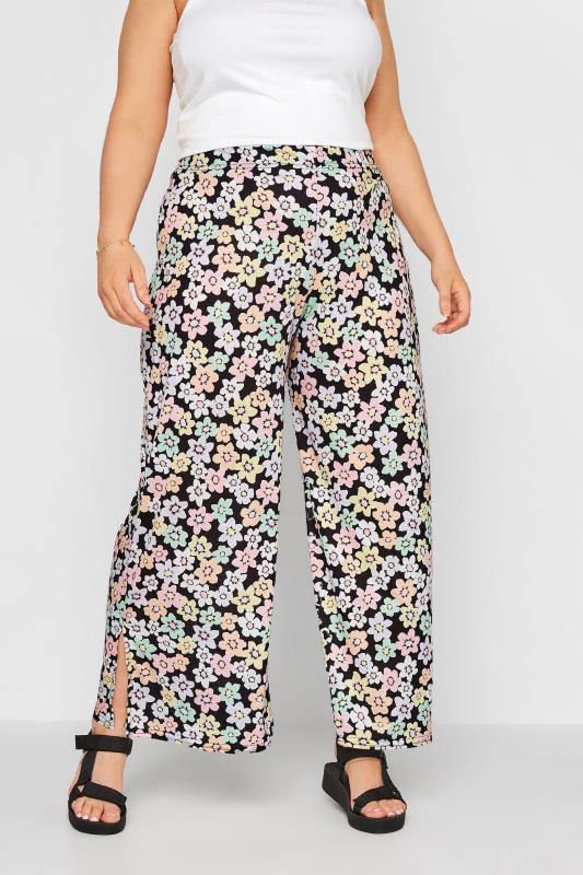 Plus Size Black Pastel Floral Print Split Side Wide Leg Trousers | Yours Clothing 1