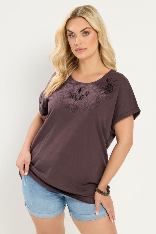  YOURS T-shirt à mancherons en broderie anglaise marron