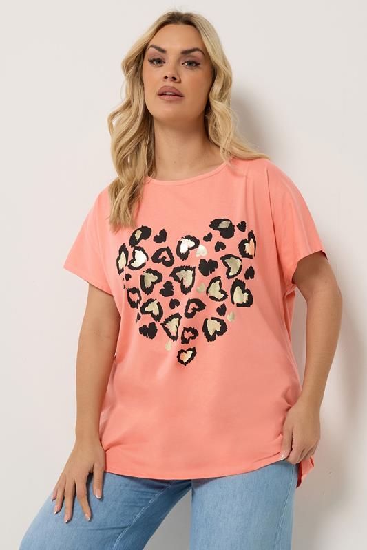  YOURS T-shirt orange clair à cœur léopard