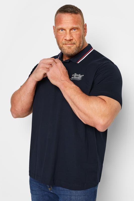 JACK & JONES Big & Tall Navy Blue Short Sleeve Logo Polo Shirt | BadRhino 1