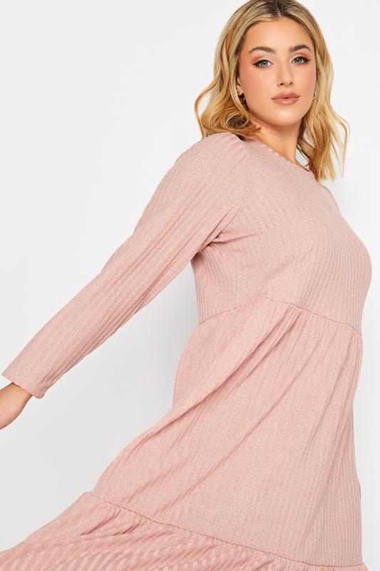 YOURS Plus Size Pink Ribbed Tiered Midi Dress | Yours Clothing 4