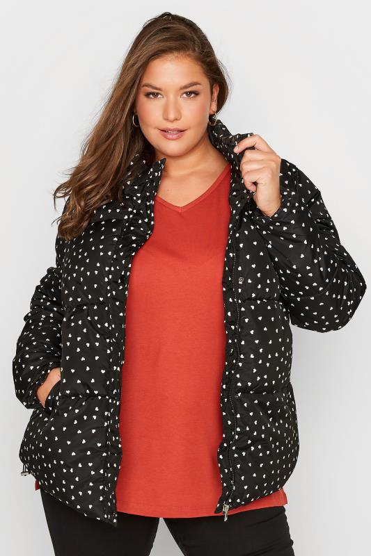 Plus Size Black Heart Print Puffer Coat | Yours Clothing 3