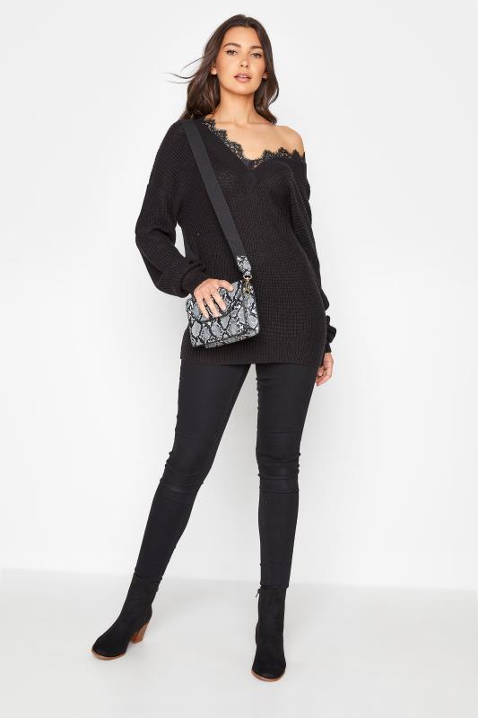 LTS Tall Black Lace Trim V-Neck Knitted Jumper 2