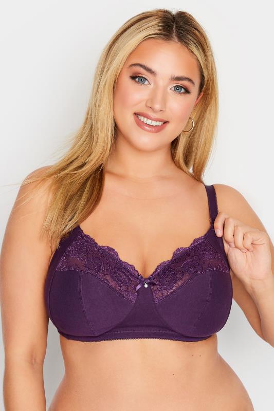 Purple Non-Wired Cotton Bra With Lace Trim | Yours Clothing 1