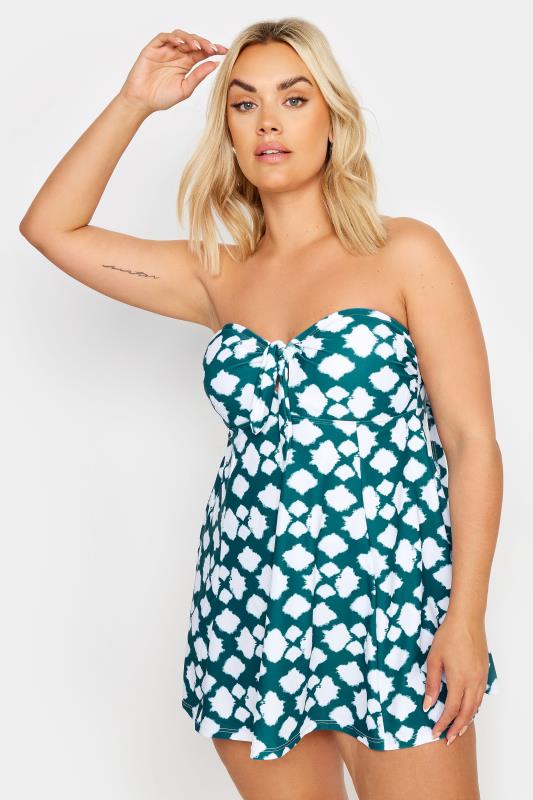 YOURS Plus Size Green Abstract Spot Knot Front Swim Dress | Yours Clothing 2