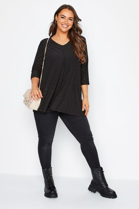 Plus Size Black Broderie Anglaise V-Neck Top | Yours Clothing 2
