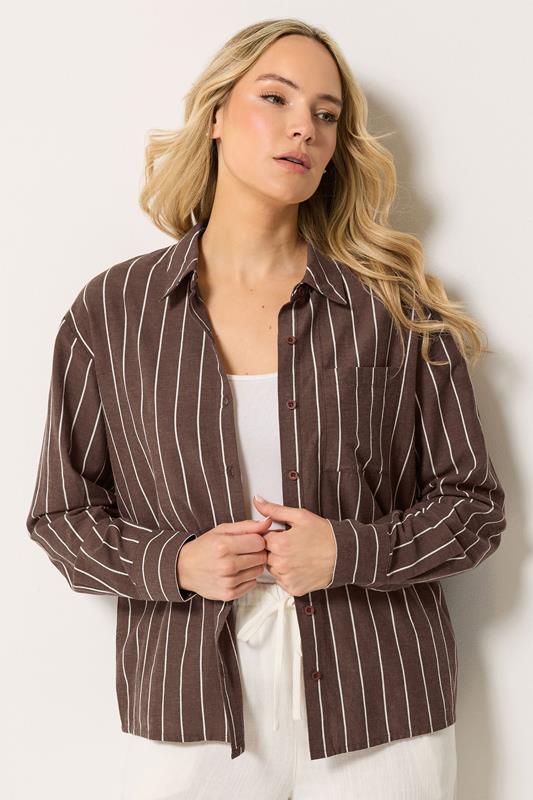 LTS Tall Women's Chocolate Brown Stripe Linen Shirt | Long Tall Sally 1