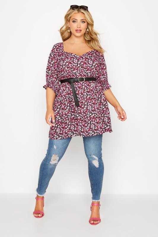 Plus Size Pink Floral Sweetheart Puff Sleeve Top | Yours Clothing 2