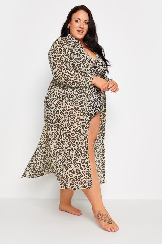 YOURS Plus Size Natural Brown Leopard Print Longline Beach Shirt | Yours Clothing 1