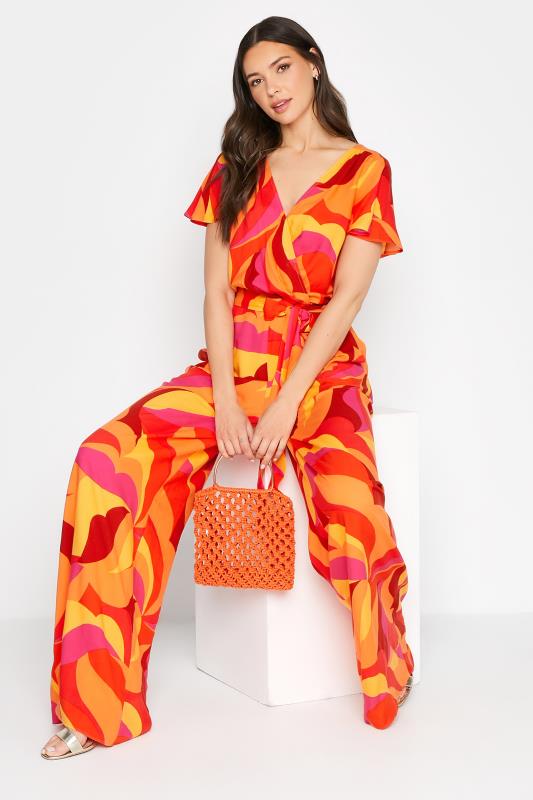 LTS Tall Bright Orange Swirl Print Wrap Jumpsuit 3