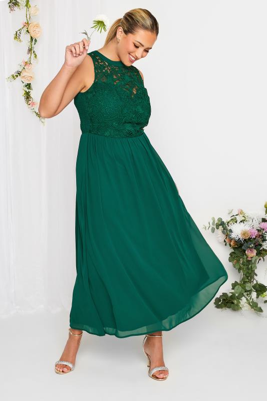 Plus Size YOURS LONDON Curve Forest Green Lace Front Chiffon Maxi Dress | Yours Clothing  2