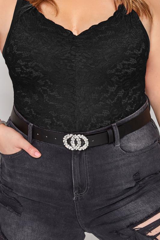 Plus Size Black Gemstone Diamante Double Circle Belt | Yours Clothing 1