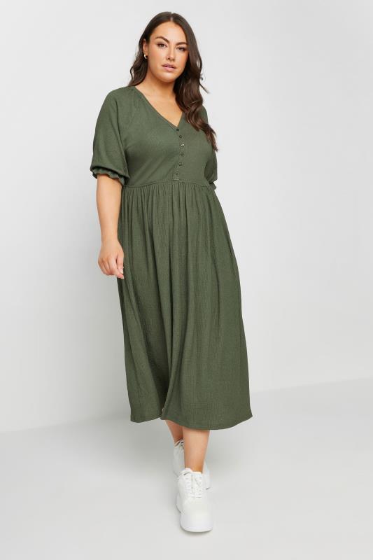 LIMITED COLLECTION Plus Size Khaki Green Textured Midaxi Dress | Yours Clothing  1