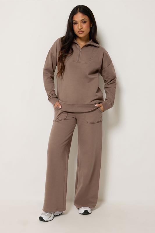 PixieGirl Petite Women's Mocha Brown Wide Leg Joggers | PixieGirl 1