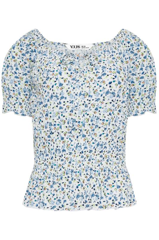 YOURS PETITE Plus Size Curve White & Blue Floral Bardot Top | Yours Clothing  6