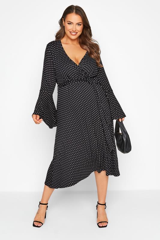 LIMITED COLLECTION Curve Black Polka Dot Flare Sleeve Wrap Dress 2