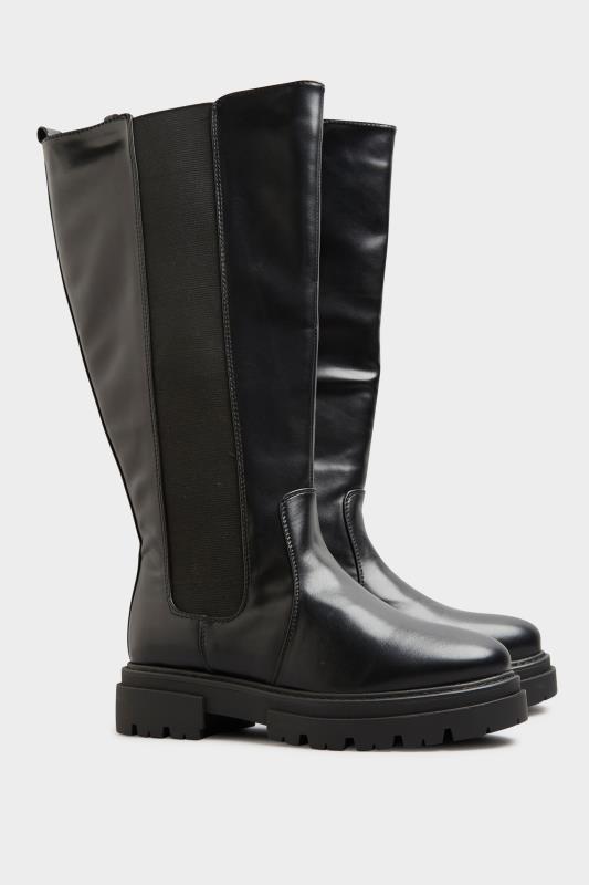 LIMITED COLLECTION Black Elasticated Knee High Cleated Boots In Extra Wide EEE Fit 2