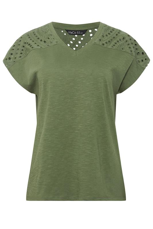M&Co Khaki Green Broderie V-Neck Cotton T-Shirt | M&Co 5