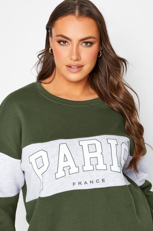 Plus Size Green Colour Block 'Paris' Slogan Varsity Sweatshirt | Yours Clothing 4