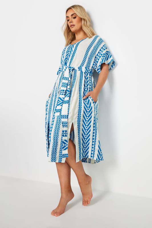 YOURS Plus Size Blue & White Aztec Print Embroidered Maxi Dress | Yours Clothing  1
