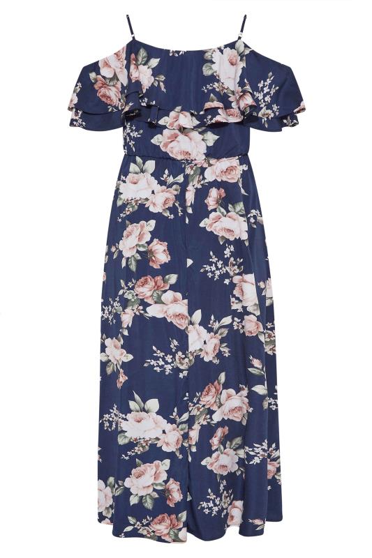Plus Size YOURS LONDON Curve Navy Blue Floral Bardot Ruffle Bridesmaid Maxi Dress | Yours Clothing  7
