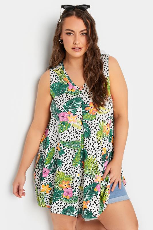 YOURS Plus Size White Tropical Floral Print Vest Top | Yours Clothing 1