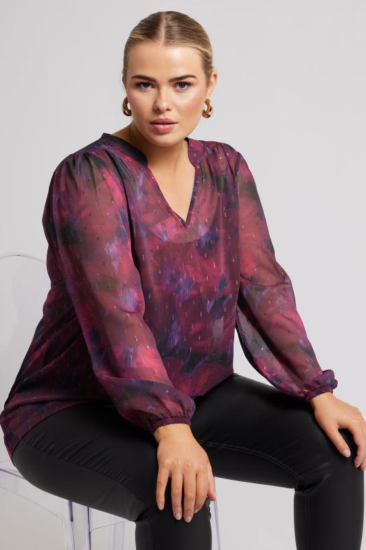 YOURS LONDON Plus Size Red Blur Abstract Print Overhead Blouse | Yours Clothing  1