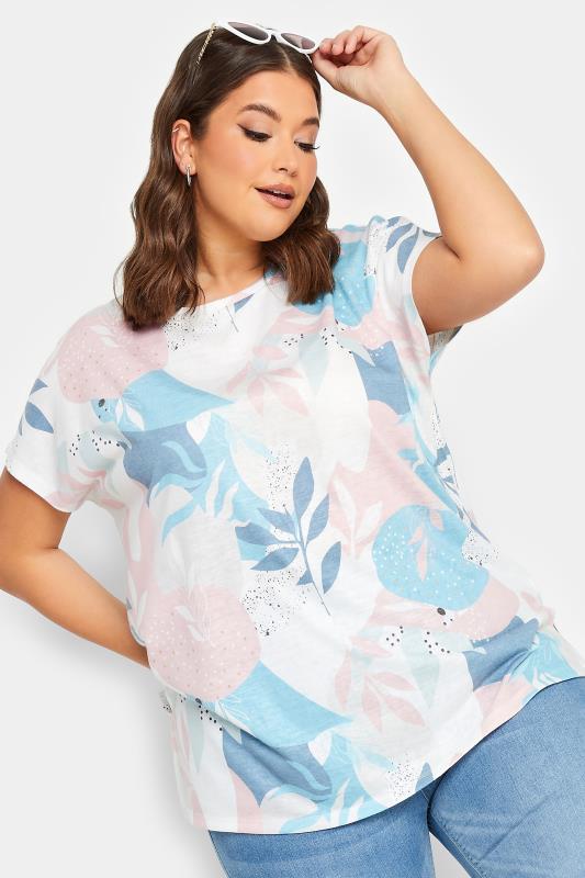 YOURS Curve Plus Size White Leaf Print T-Shirt | Yours Clothing  1