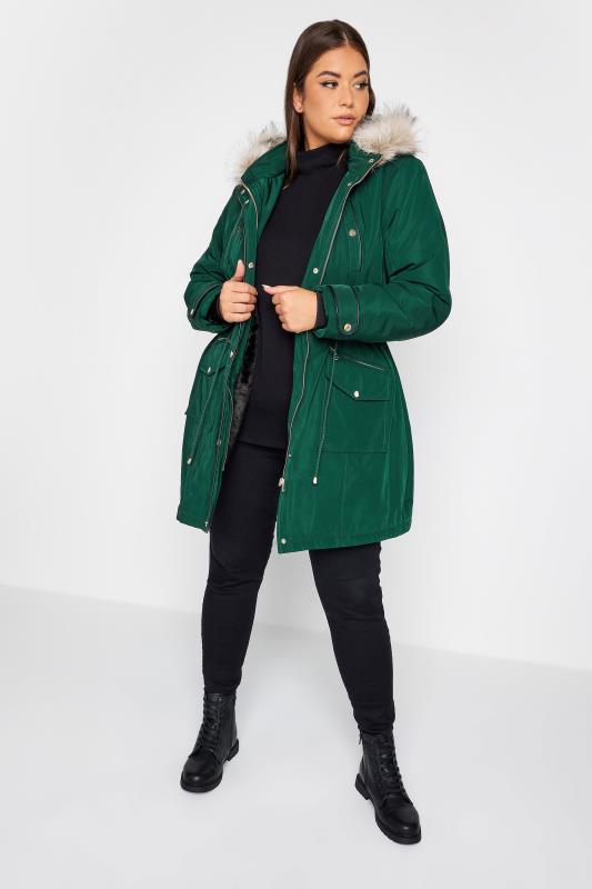 YOURS Plus Size Forest Green Faux Fur Trim Hooded Parka Coat | Yours Clothing 2