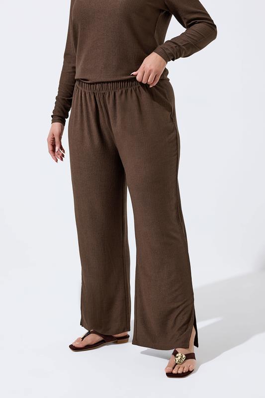 LIMITED COLLECTION Plus Size Brown Textured Wide Leg Trousers | Yours Clothing 1