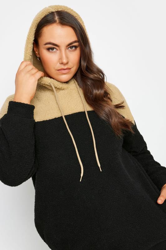 YOURS Plus Size Black & Brown Colour Block Teddy Hoodie | Yours Clothing 4