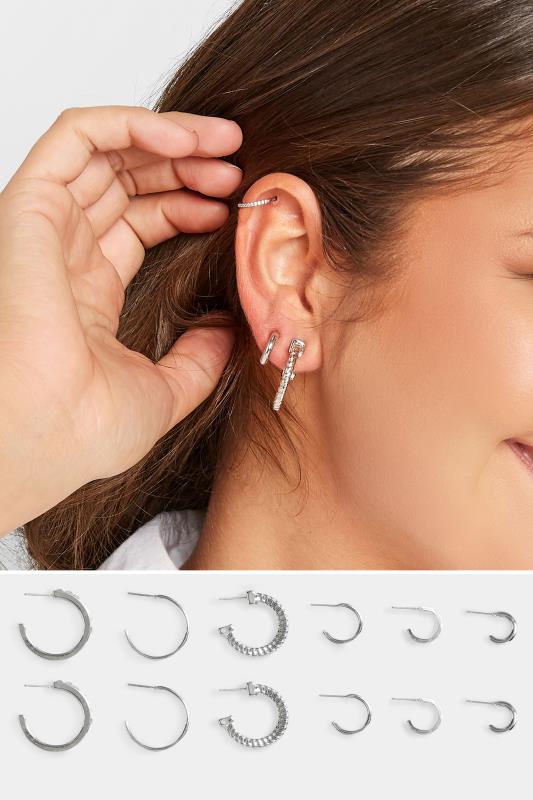  6 PACK Silver Tone Hoop Earrings