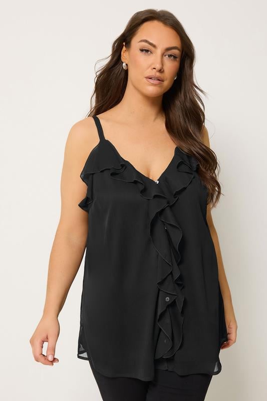 YOURS Plus Size Black Ruffle Vest Top | Yours Clothing 1