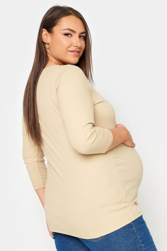 BUMP IT UP MATERNITY Plus Size Beige Brown Ribbed Popper Fastening Top | Yours Clothing 3