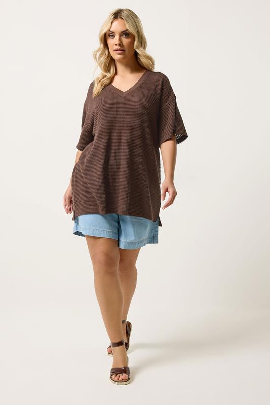 YOURS Plus Size Chocolate Brown Boxy Knitted T-Shirt | Yours Clothing 1