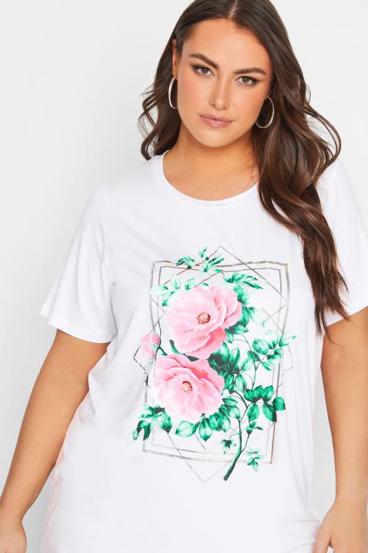 YOURS Curve White Floral Foil Print T-Shirt | Yours Clothing